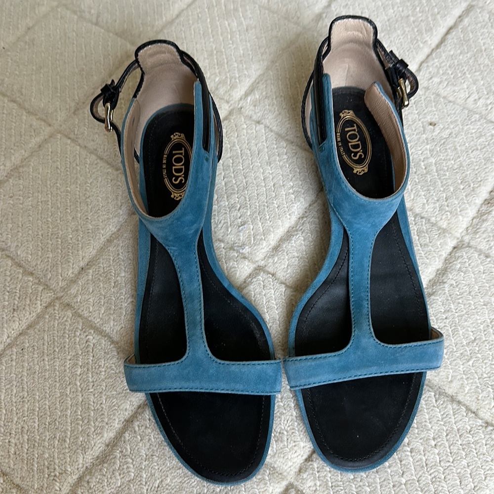 Tod’s Blue/Black Suede and Leather T-Bar Wedge Ankle Strap Sandals